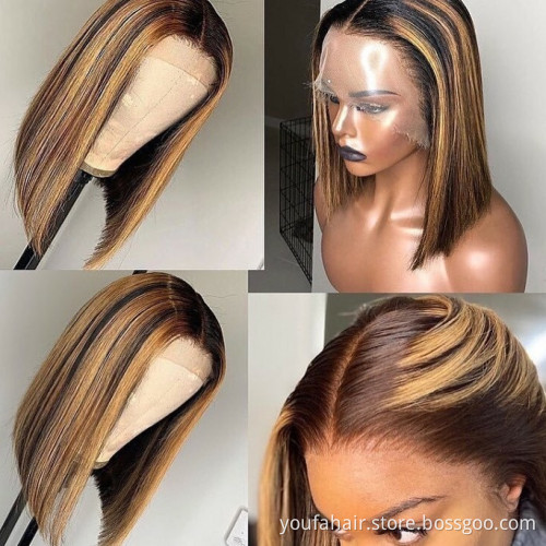 Highlight 4/27 Blonde Ombre Piano Color HD Lace Front Bob Wig Indian Cuticle Aligned Virgin Human Hair Short Bob Transparent Wig